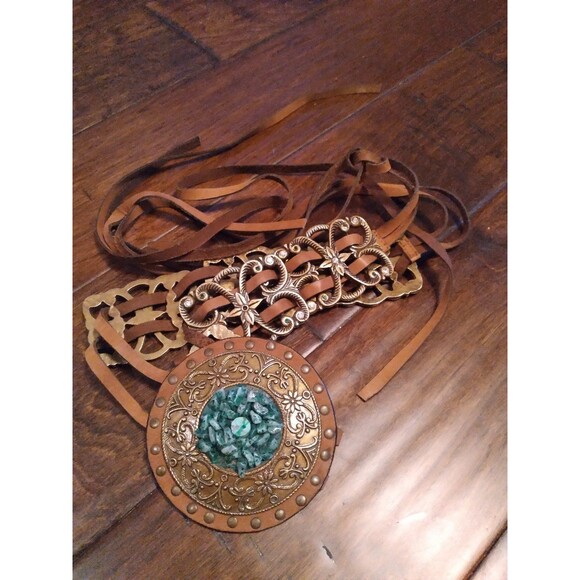 Chico's Leather Belt Boho Medallion Embellished Tie Waist M/L - Picture 2 of 3